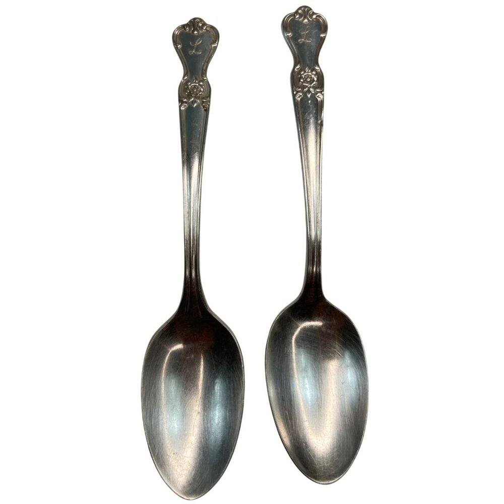 2-Vintage Old Company Plate Spoon With Rose Handle Design Monogrammed L